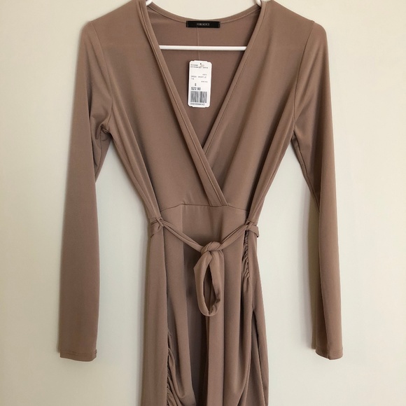 Tan long sleeved mock wrap dress - Picture 1 of 6
